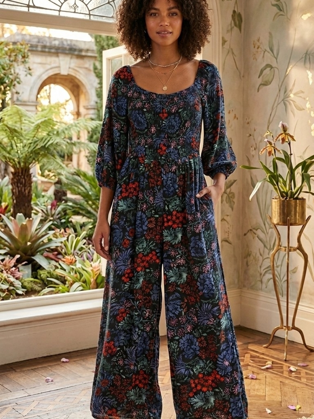 Knox Rose Navy Floral Scoop-Neck Wide-Leg Jumpsuit
